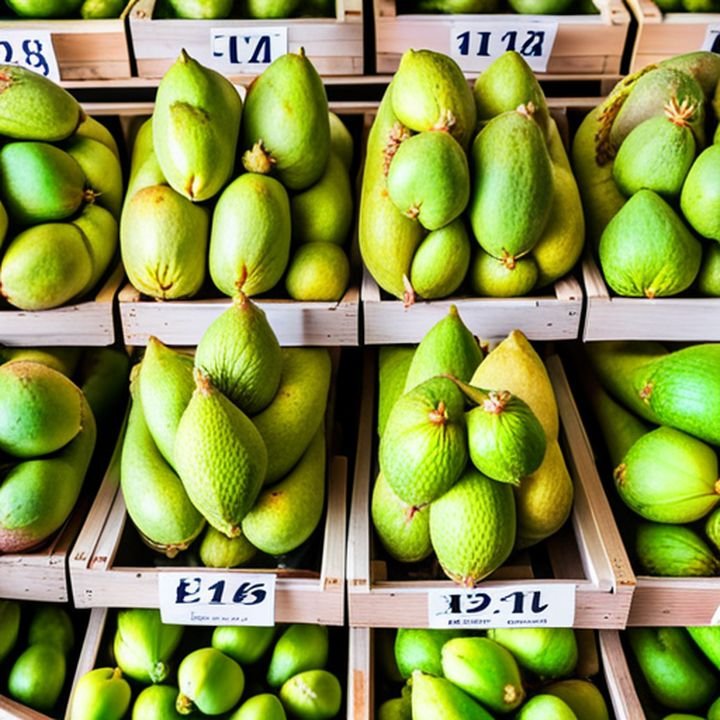 Chayote fresco brillante y verde en una caja de mercado rodeado de otras verduras y frutas frescas