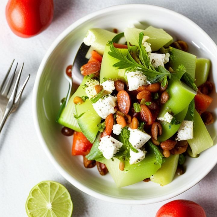 Una fotografía de ensaladas frescas y coloridas con chayote como ingrediente principal